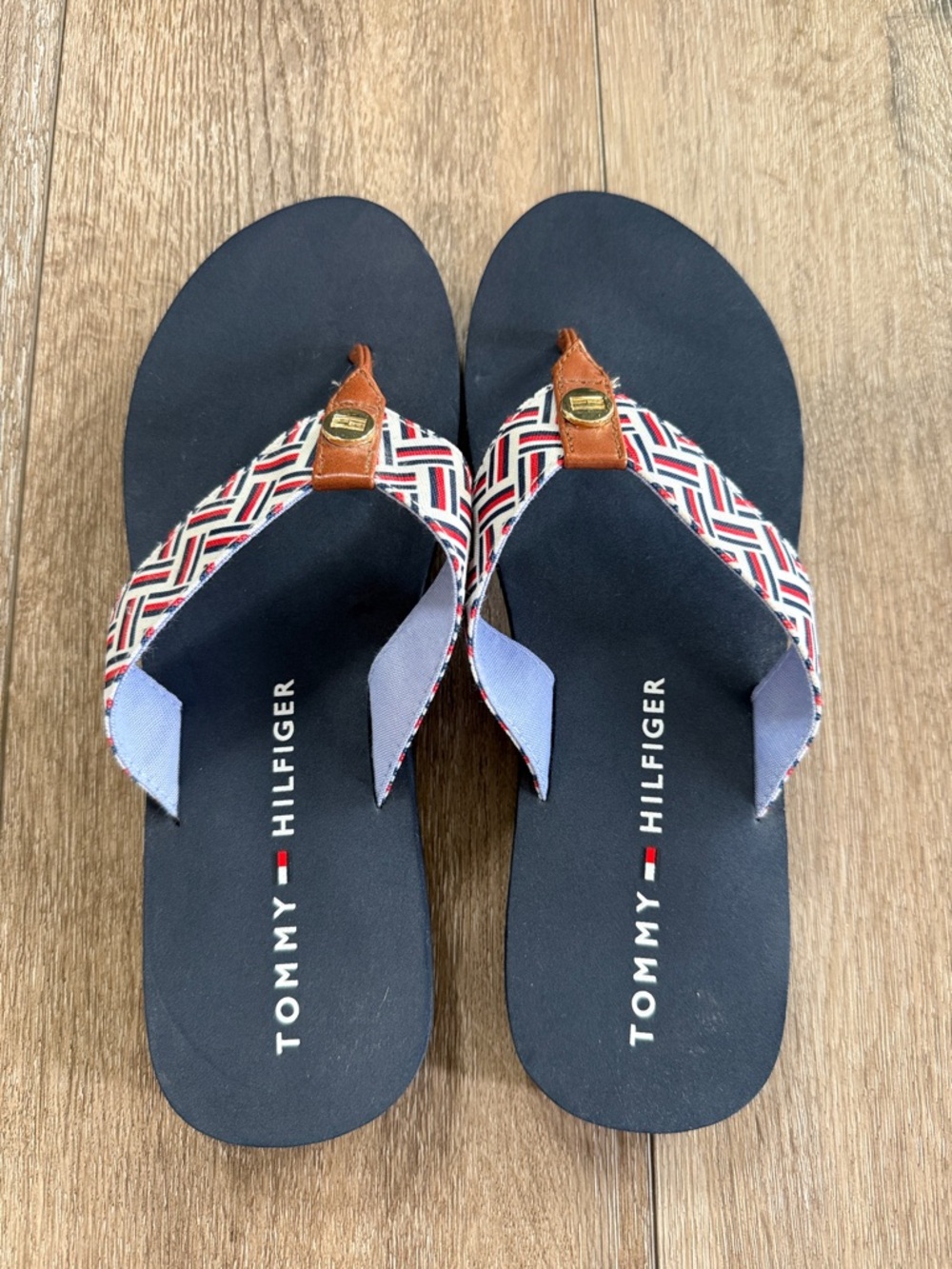 Tommy Hilfiger Navy Flip Flops with Red, White and Blue Patterned Straps